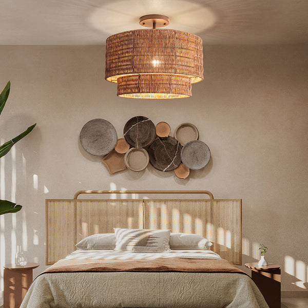 Wicker Rattan Double Drum Ceiling Light Semi Flush Mount