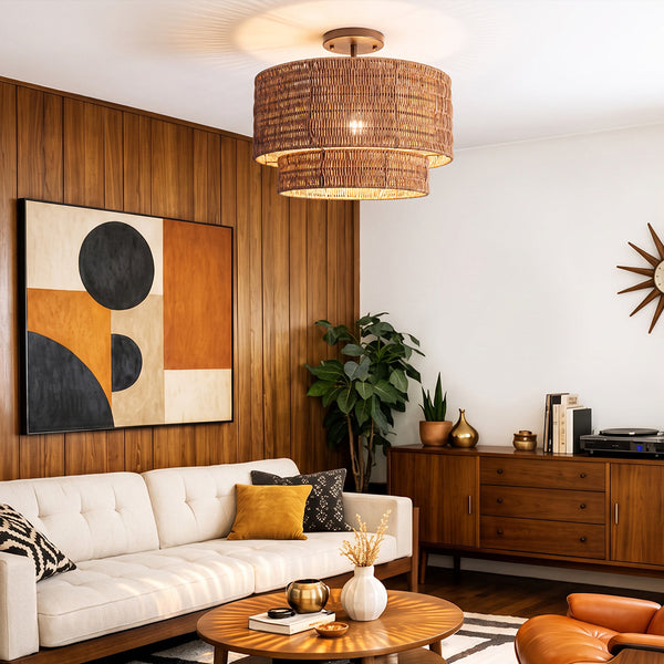 Wicker Rattan Double Drum Ceiling Light Semi Flush Mount