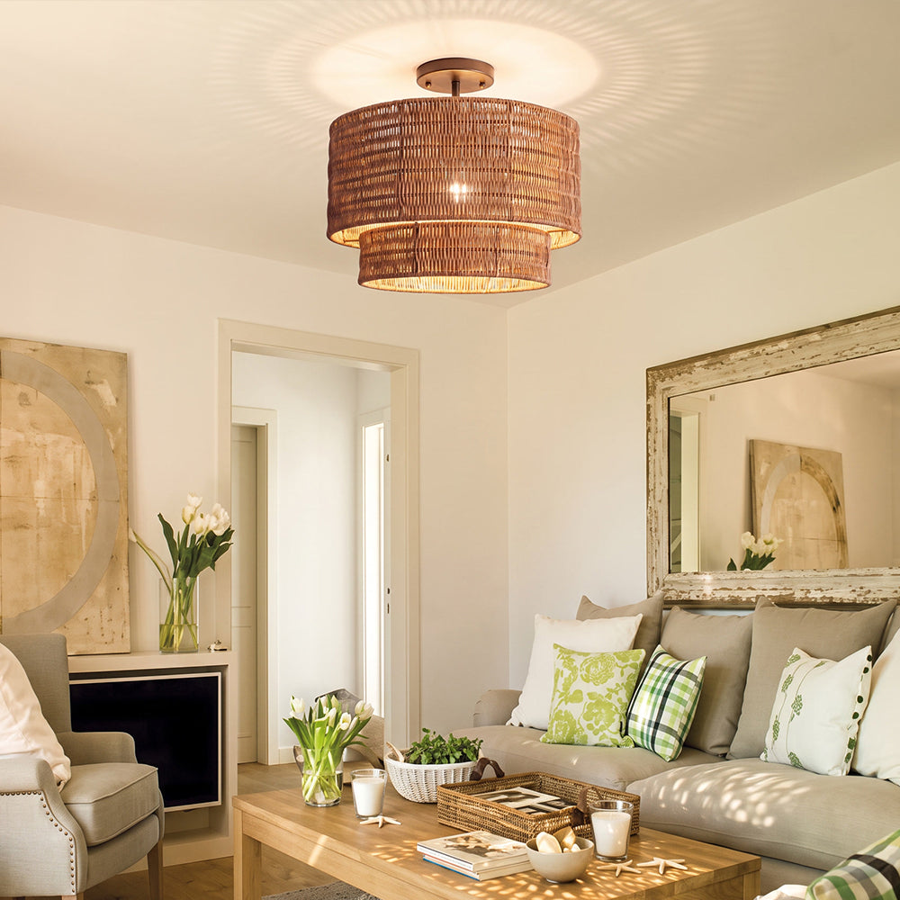 Wicker Rattan Double Drum Ceiling Light Semi Flush Mount Secondary image
