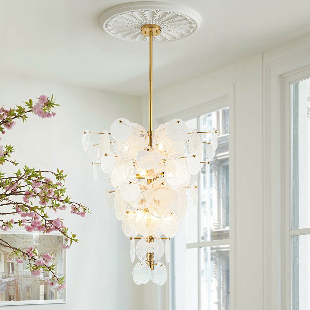 Modern 12-Light White Tiered Glass Chandelier Cone-Shaped Pendant
