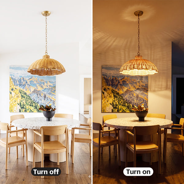 Large Scalloped Rattan Dome Pendant Light Bohemian Woven Lamp