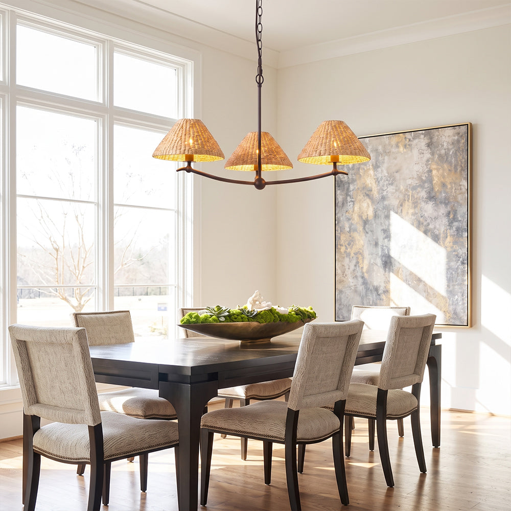 3-Light Grand Coastal Chandelier Seagrass Rattan Pendant Light
