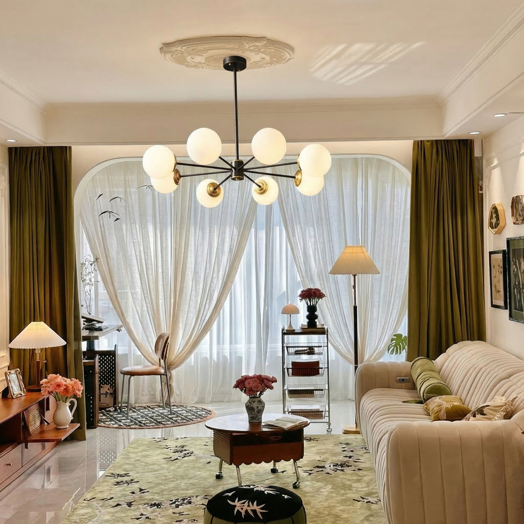 Modern Globe Chandelier Black & Brass Mid-Century Pendant Light