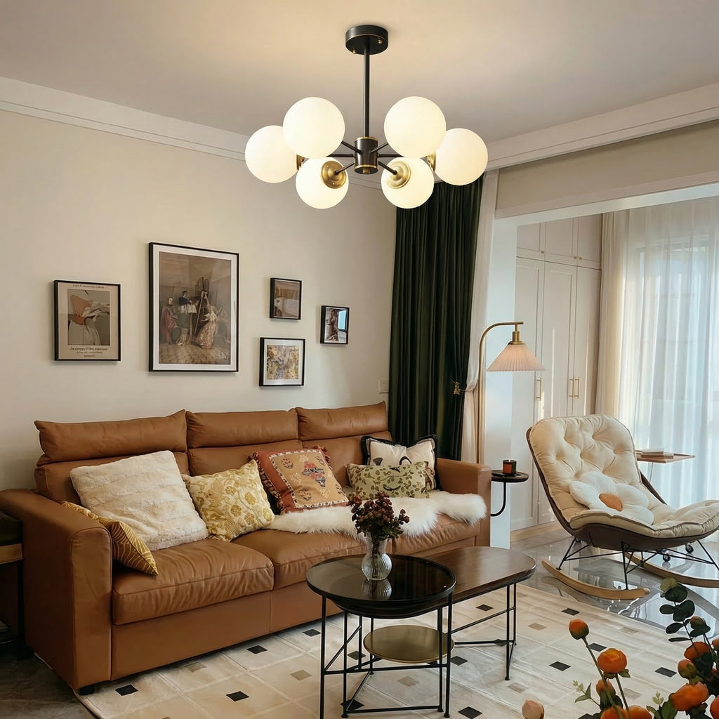 Modern Globe Chandelier Black & Brass Mid-Century Pendant Light