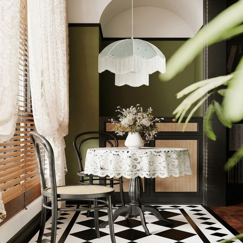 Vintage Floral Fabric Fringe Pendant Light Botanical Hanging Lamp