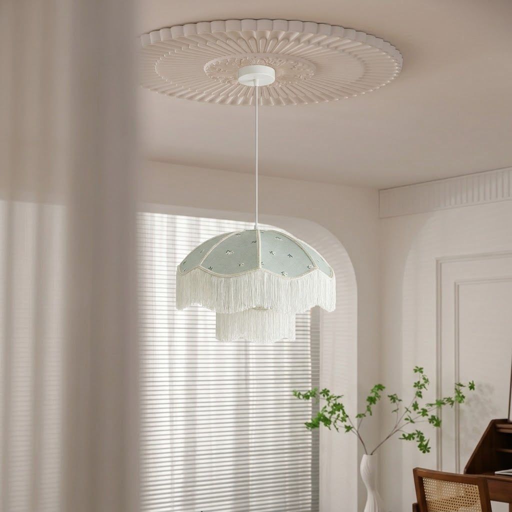 Vintage Floral Fabric Fringe Pendant Light Botanical Hanging Lamp