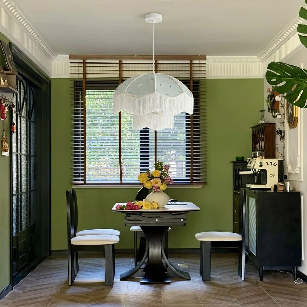 Vintage Floral Fabric Fringe Pendant Light Botanical Hanging Lamp