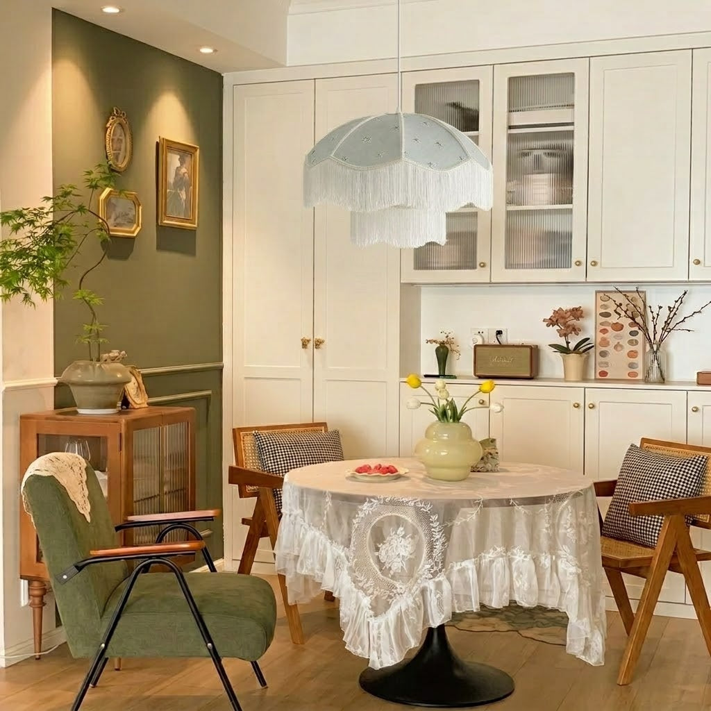 Vintage Floral Fabric Fringe Pendant Light Botanical Hanging Lamp