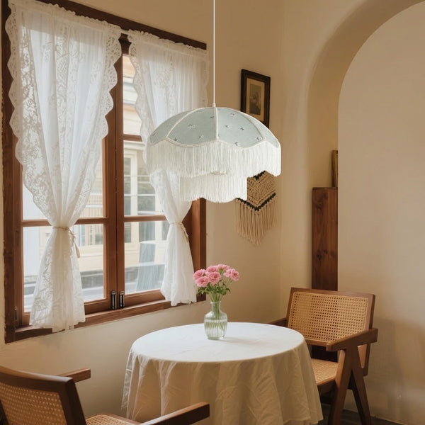 Vintage Floral Fabric Fringe Pendant Light Botanical Hanging Lamp