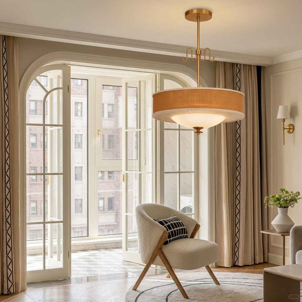 Natural Rattan & Brass Pendant Light Mid-Century Woven Lamp