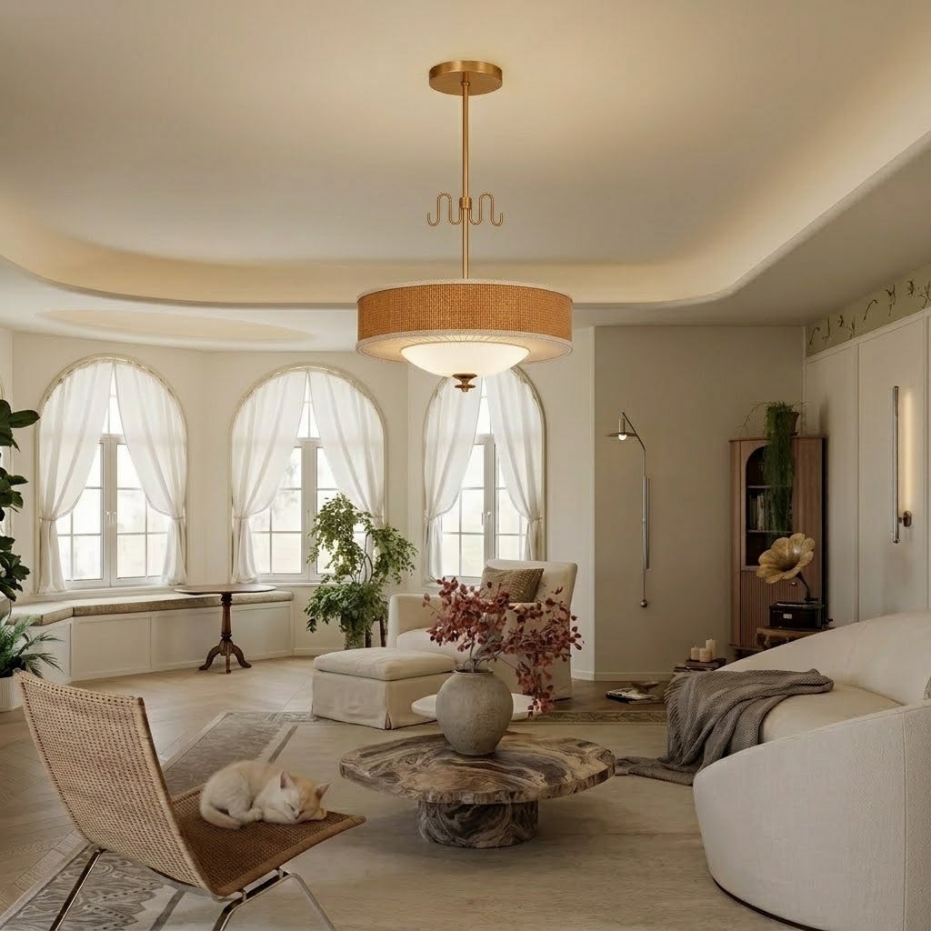 Natural Rattan & Brass Pendant Light Mid-Century Woven Lamp
