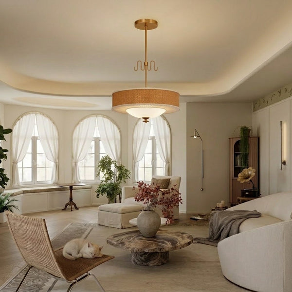 Natural Rattan & Brass Pendant Light Mid-Century Woven Lamp