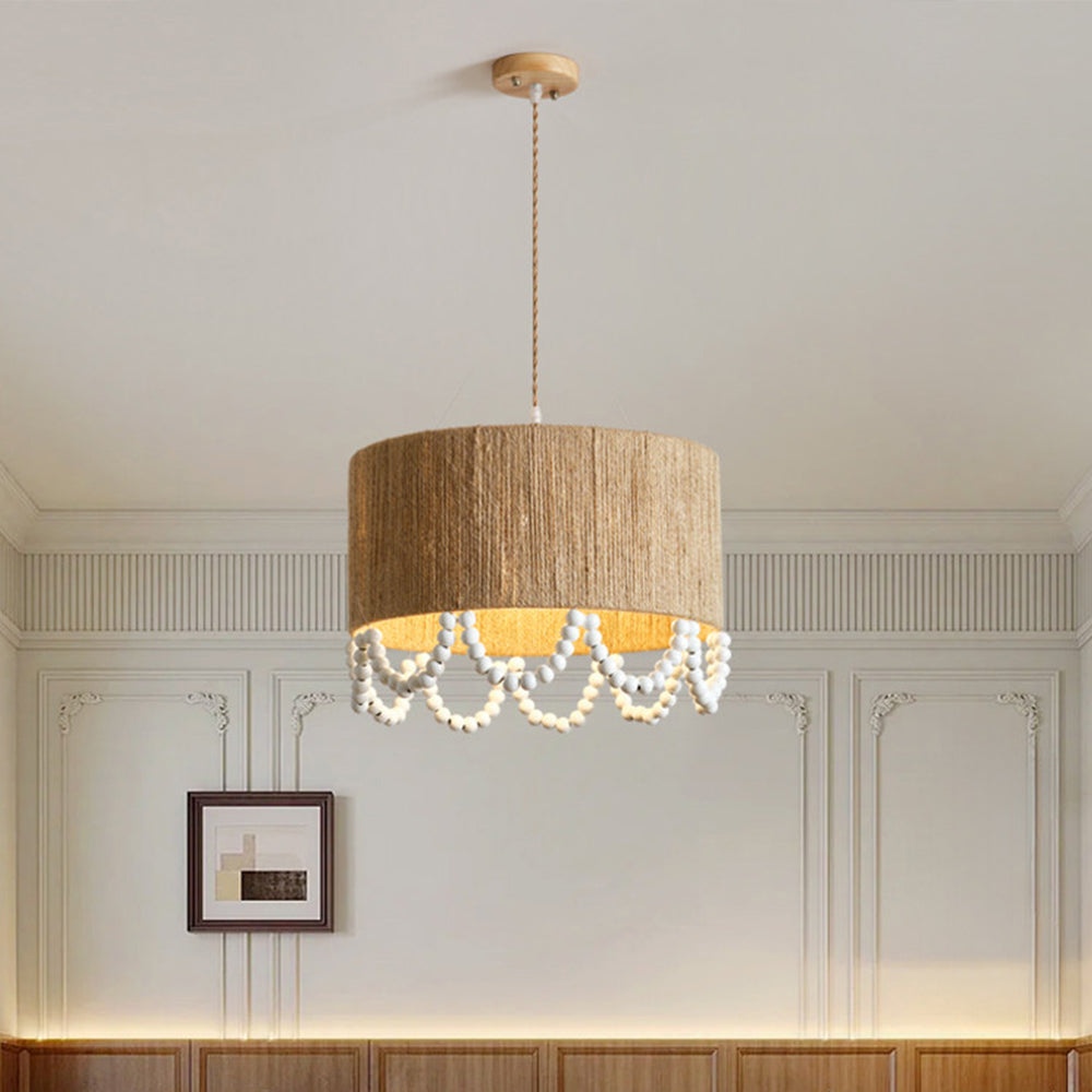 Bohemian Beaded Fringe Pendant Light Natural Fiber Drum Lamp