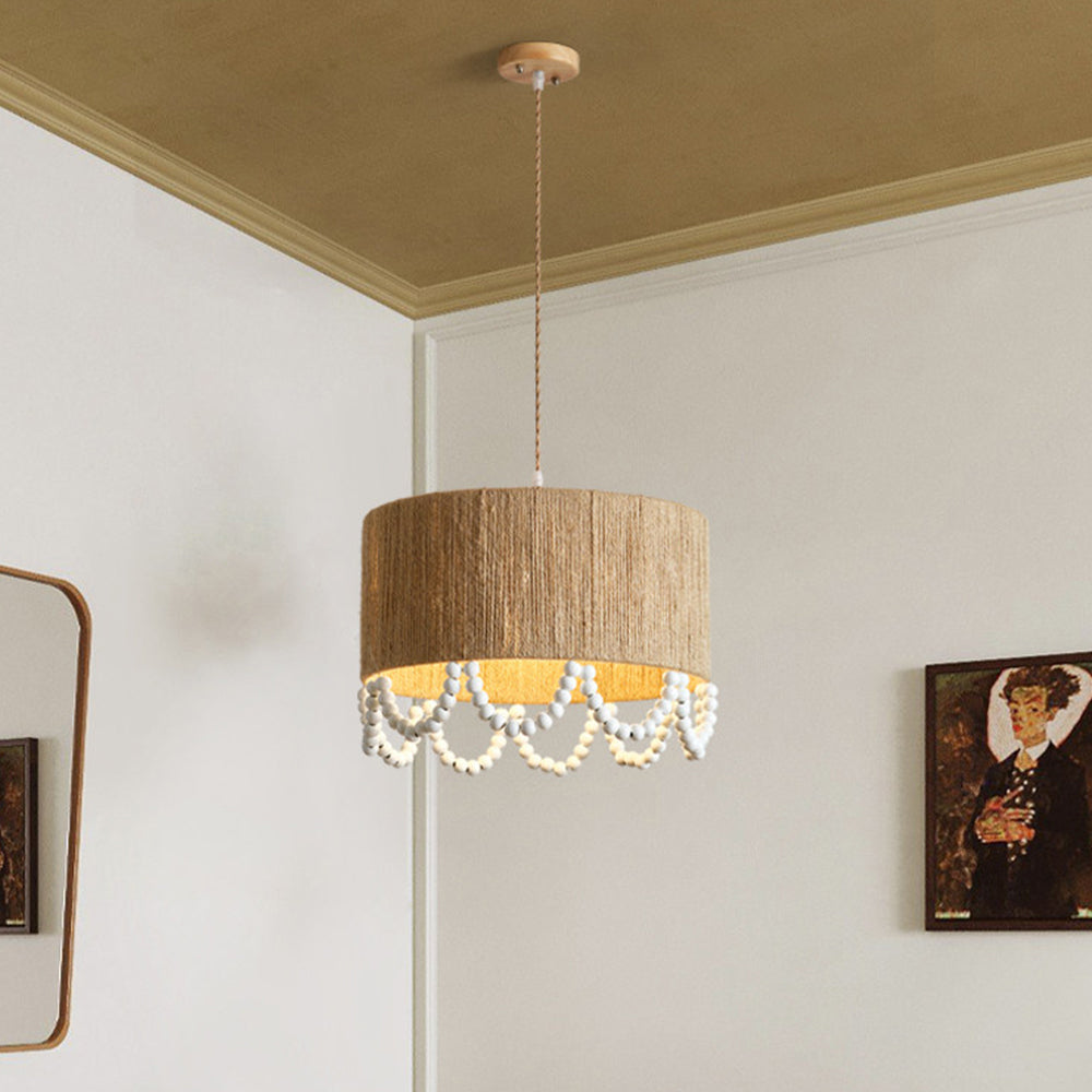Bohemian Beaded Fringe Pendant Light Natural Fiber Drum Lamp