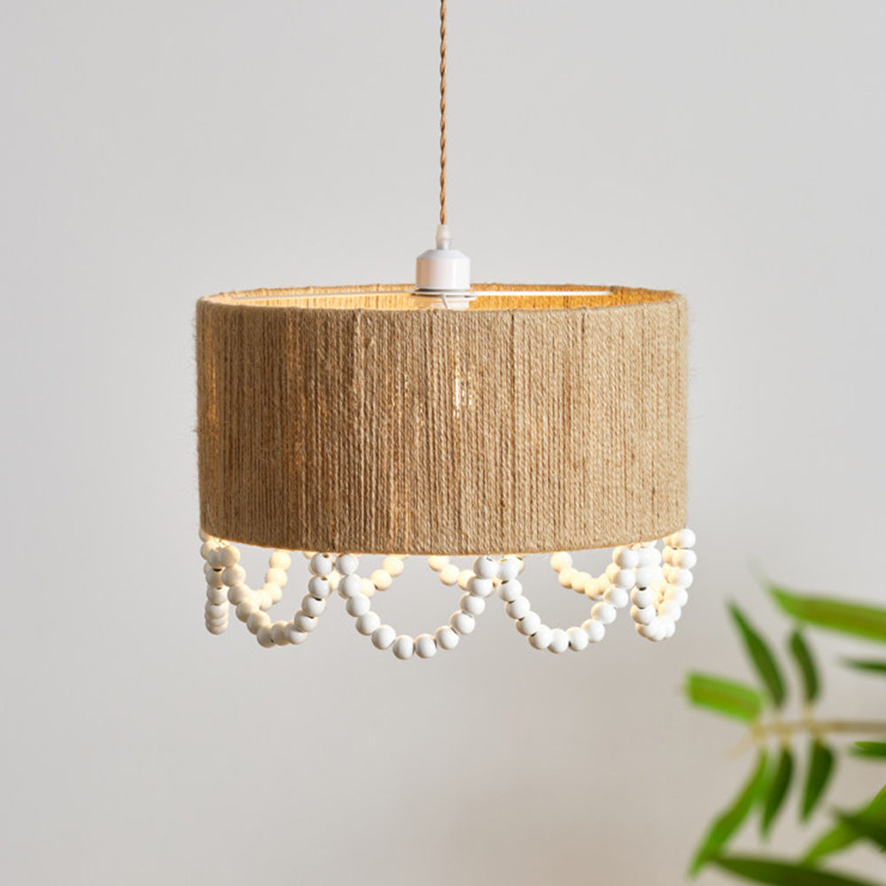 Bohemian Beaded Fringe Pendant Light Natural Fiber Drum Lamp