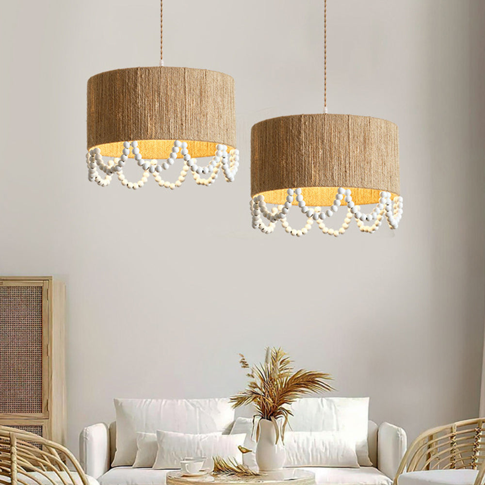 Bohemian Beaded Fringe Pendant Light Natural Fiber Drum Lamp Secondary image