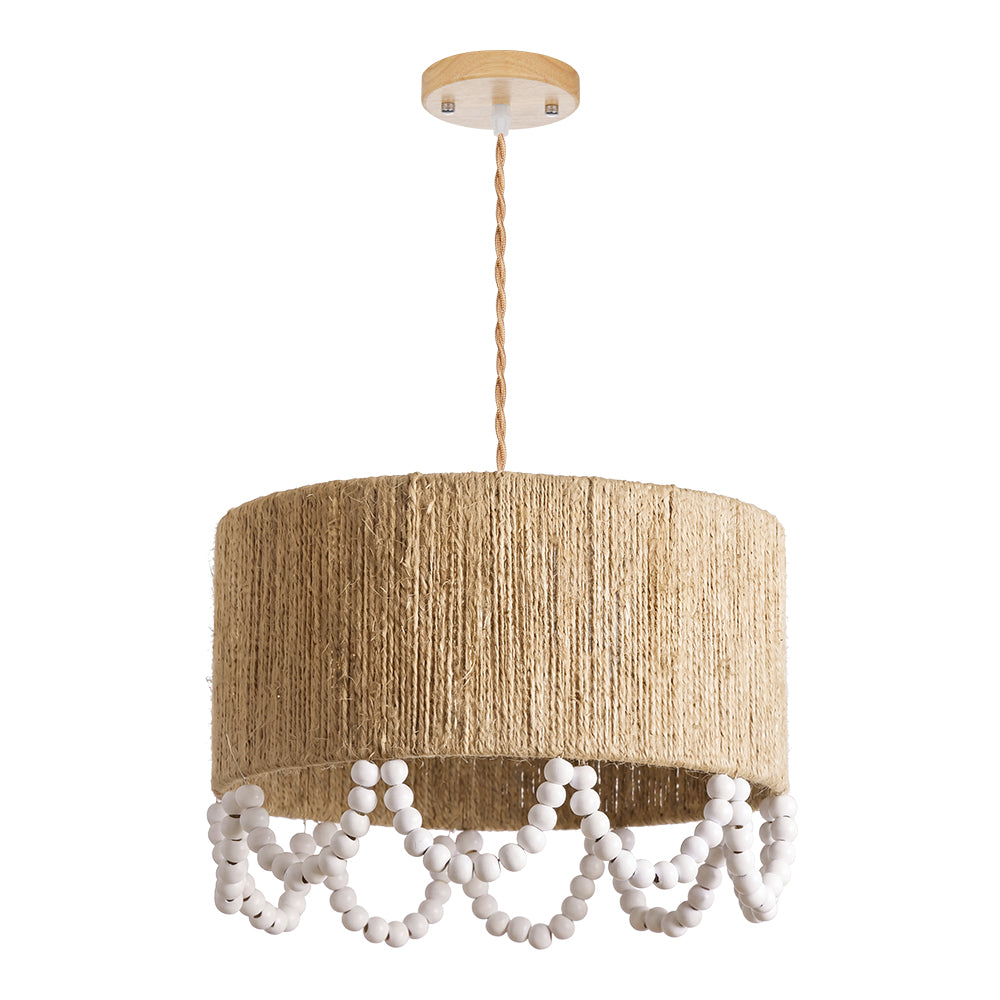 Bohemian Beaded Fringe Pendant Light Natural Fiber Drum Lamp