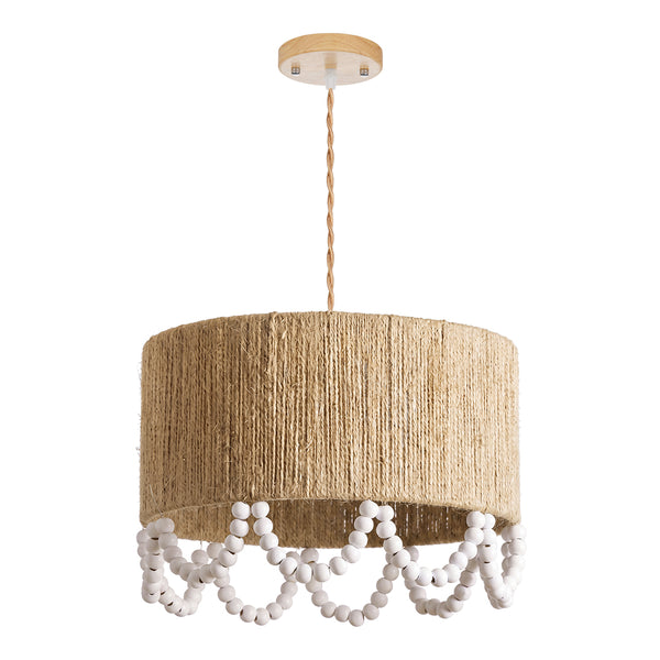 Bohemian Beaded Fringe Pendant Light Natural Fiber Drum Lamp