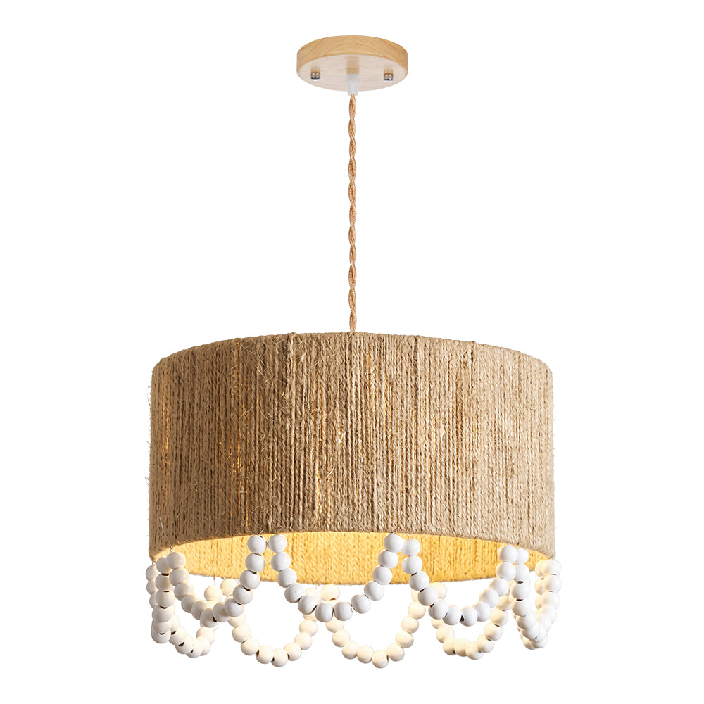 Bohemian Beaded Fringe Pendant Light Natural Fiber Drum Lamp