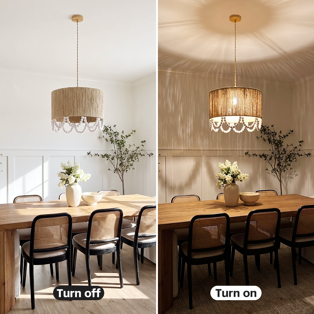 Bohemian Beaded Fringe Pendant Light Natural Fiber Drum Lamp