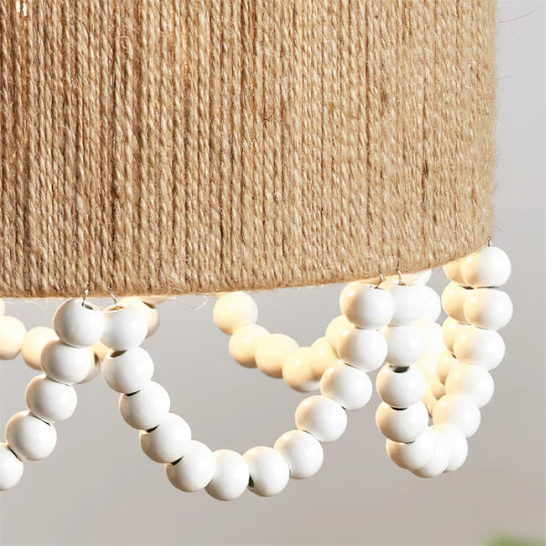 Bohemian Beaded Fringe Pendant Light Natural Fiber Drum Lamp