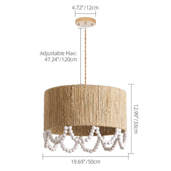 Bohemian Beaded Fringe Pendant Light Natural Fiber Drum Lamp