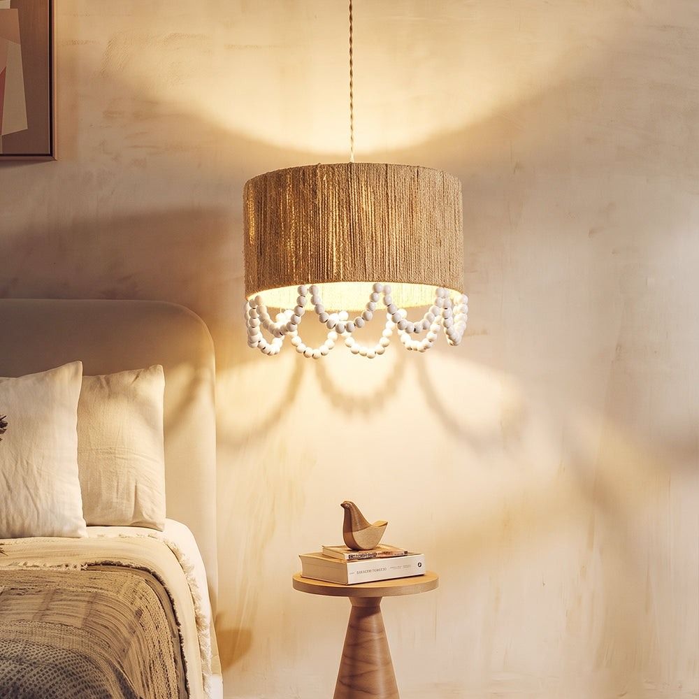 Bohemian Beaded Fringe Pendant Light Natural Fiber Drum Lamp