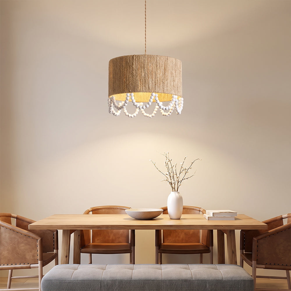 Bohemian Beaded Fringe Pendant Light Natural Fiber Drum Lamp