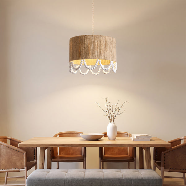 Bohemian Beaded Fringe Pendant Light Natural Fiber Drum Lamp