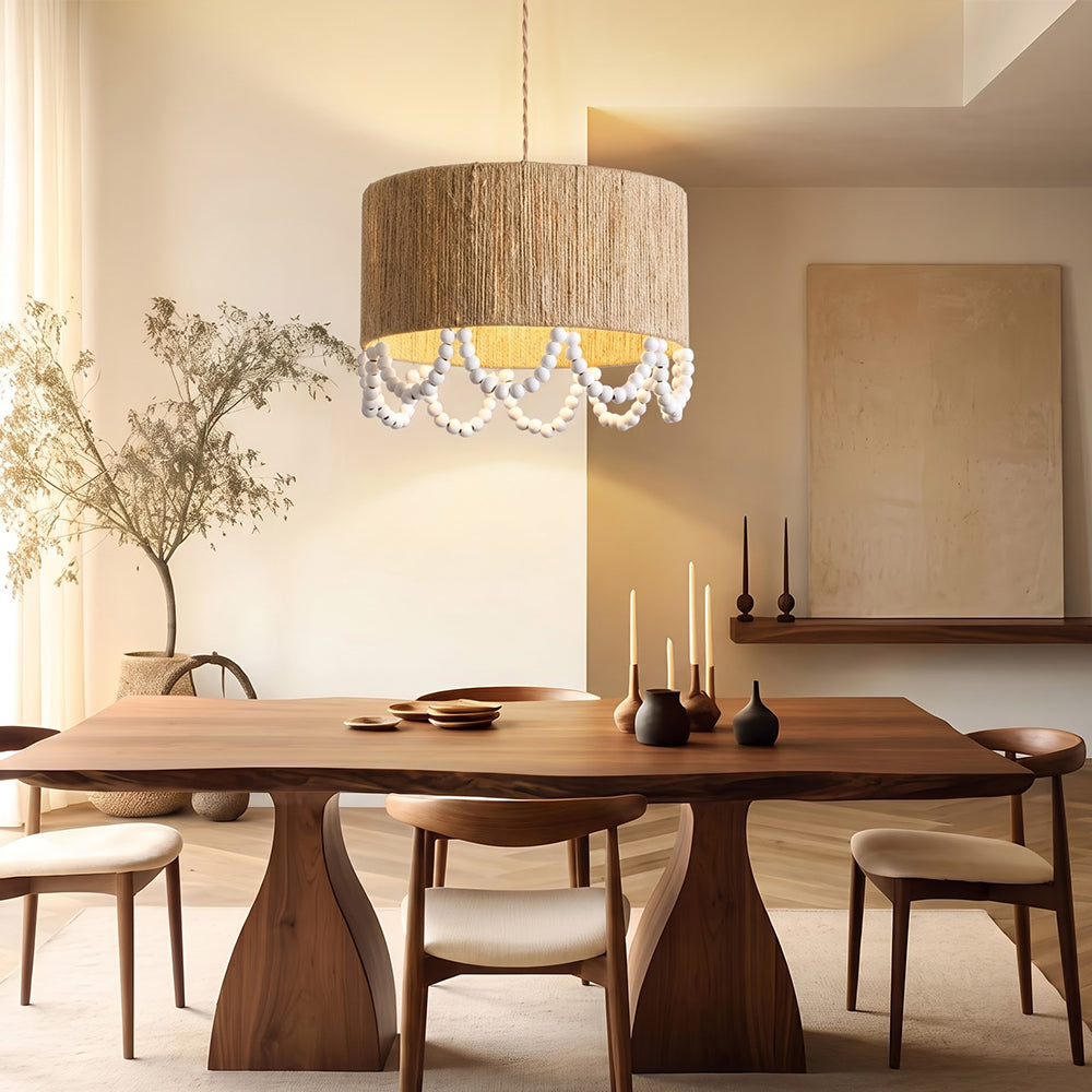Bohemian Beaded Fringe Pendant Light Natural Fiber Drum Lamp