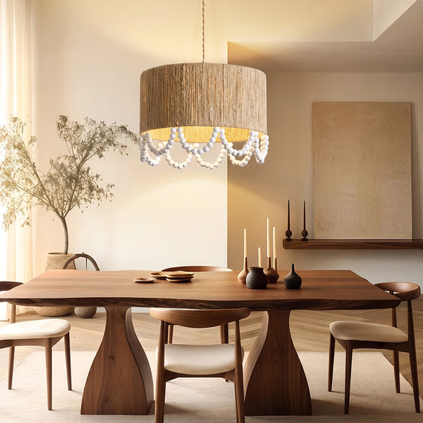 Bohemian Beaded Fringe Pendant Light Natural Fiber Drum Lamp