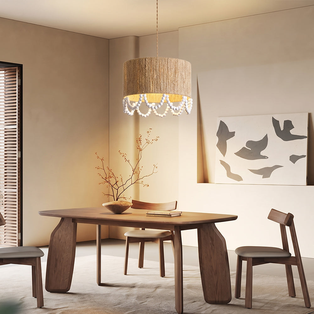 Bohemian Beaded Fringe Pendant Light Natural Fiber Drum Lamp