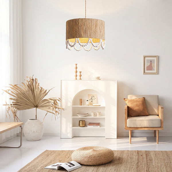 Bohemian Beaded Fringe Pendant Light Natural Fiber Drum Lamp