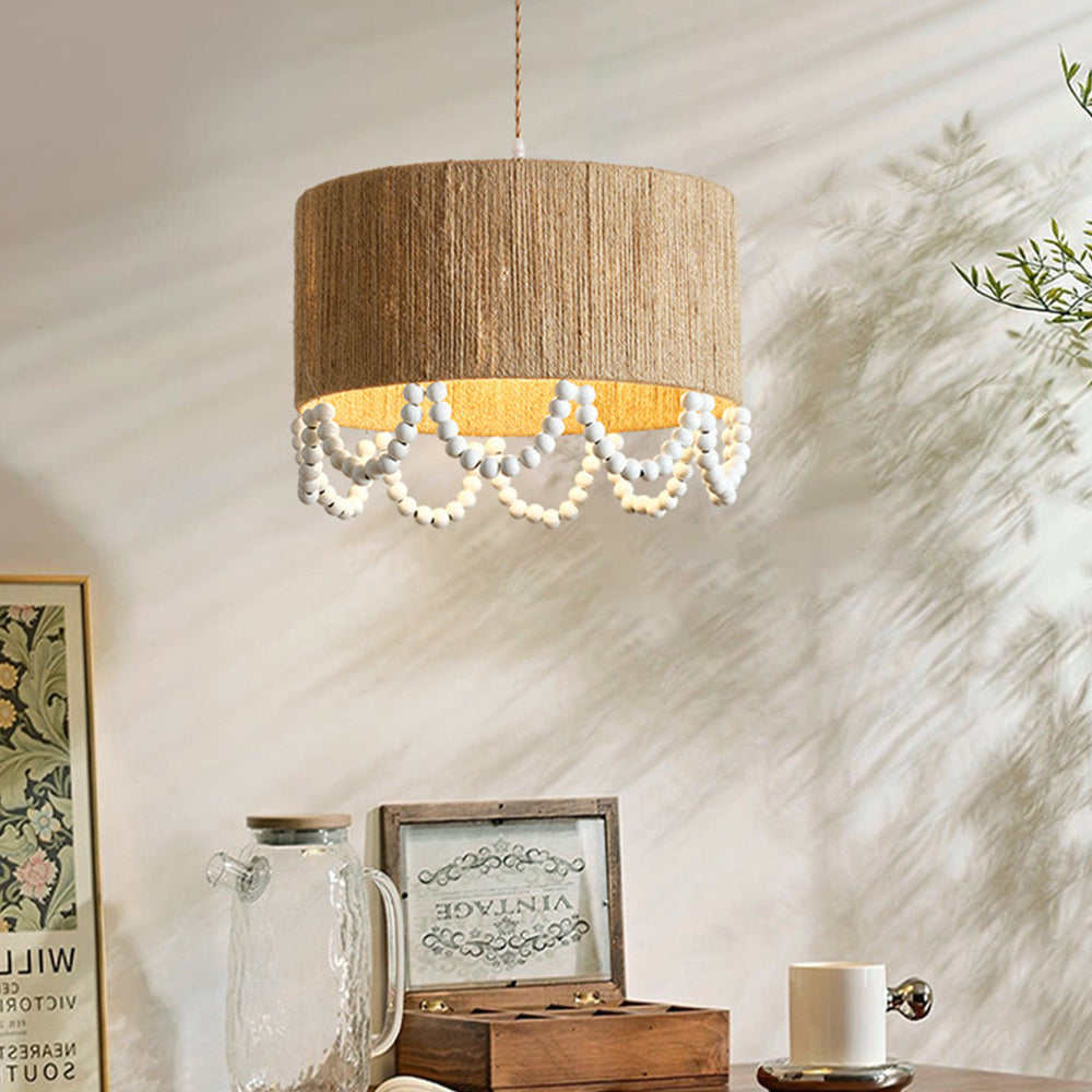 Bohemian Beaded Fringe Pendant Light Natural Fiber Drum Lamp