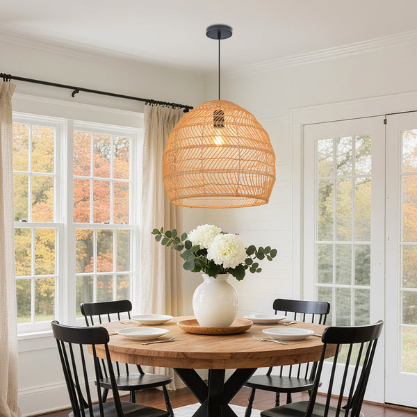 Hand-Woven Rattan Dome Pendant Light Boho Wicker Chandelier