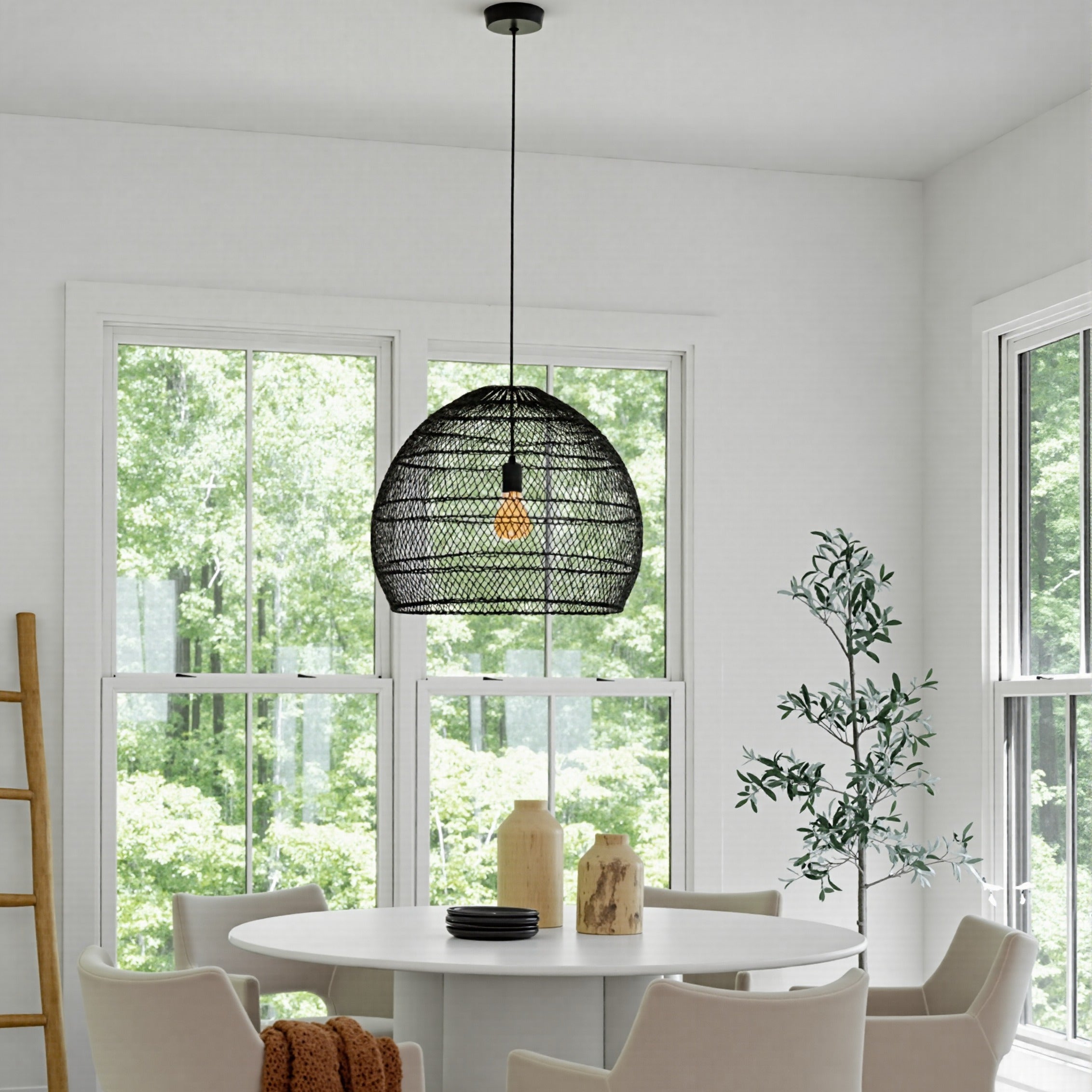 Hand-Woven Rattan Dome Pendant Light Boho Wicker Chandelier Secondary image
