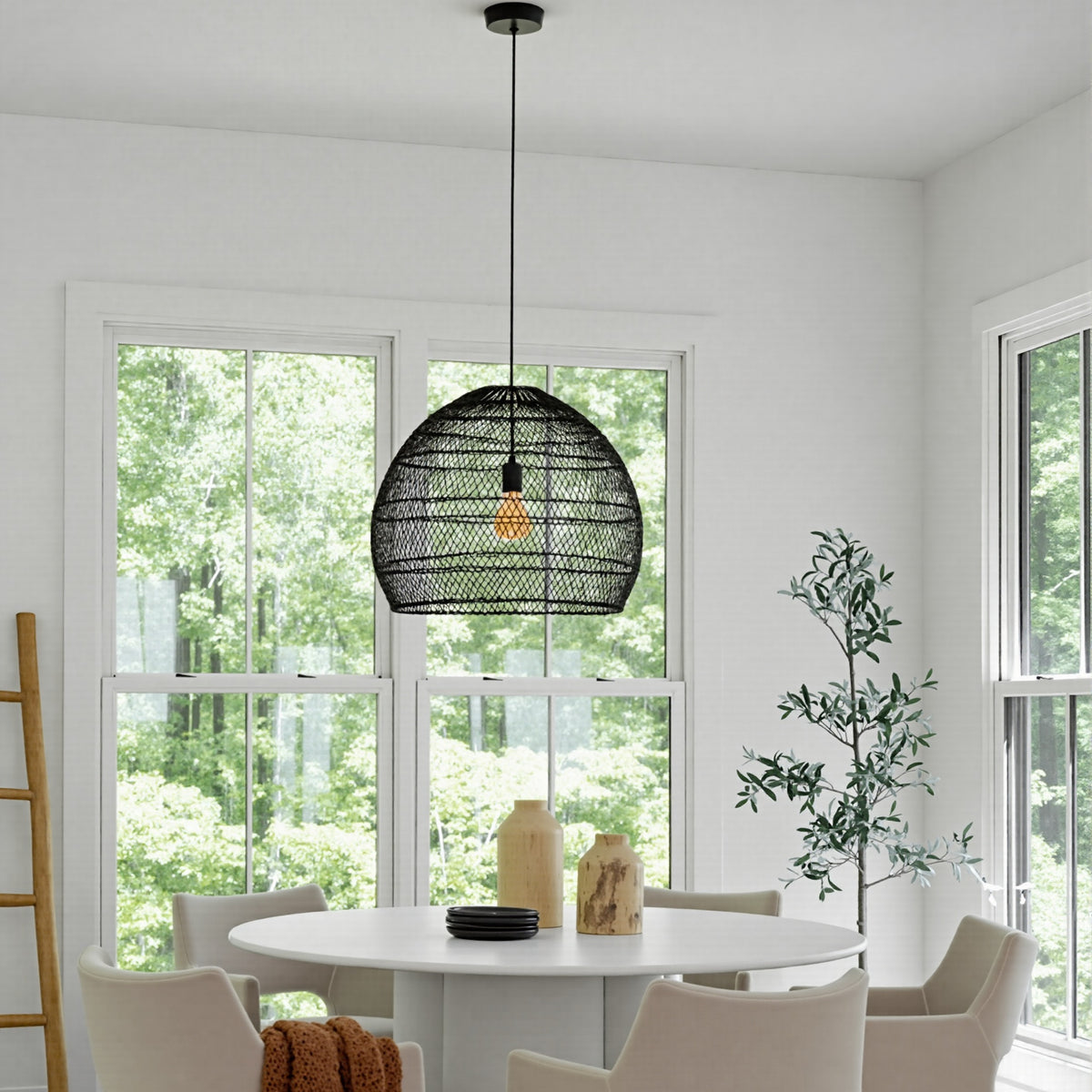 Hand-Woven Rattan Dome Pendant Light Boho Wicker Chandelier