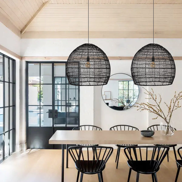 Hand-Woven Rattan Dome Pendant Light Boho Wicker Chandelier