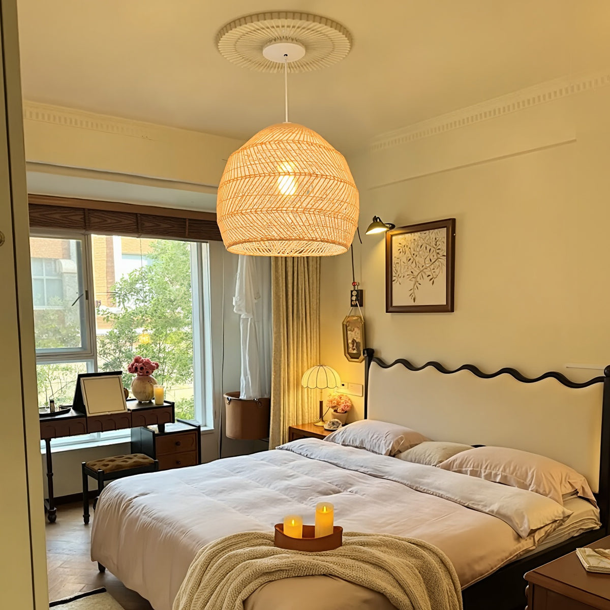 Hand-Woven Rattan Dome Pendant Light Boho Wicker Chandelier Main image
