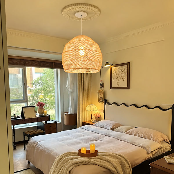 Hand-Woven Rattan Dome Pendant Light Boho Wicker Chandelier