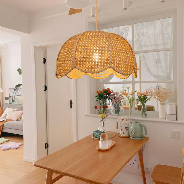 Modern Hand-Woven Rattan Scalloped Pendant Japandi Wavy Dome Light