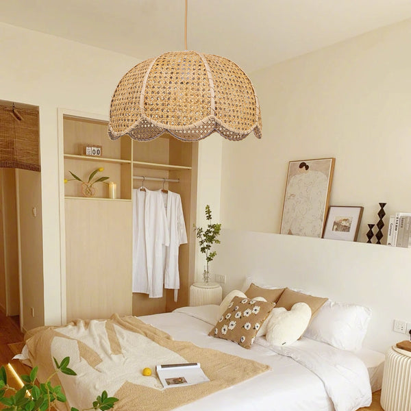 Modern Hand-Woven Rattan Scalloped Pendant Japandi Wavy Dome Light
