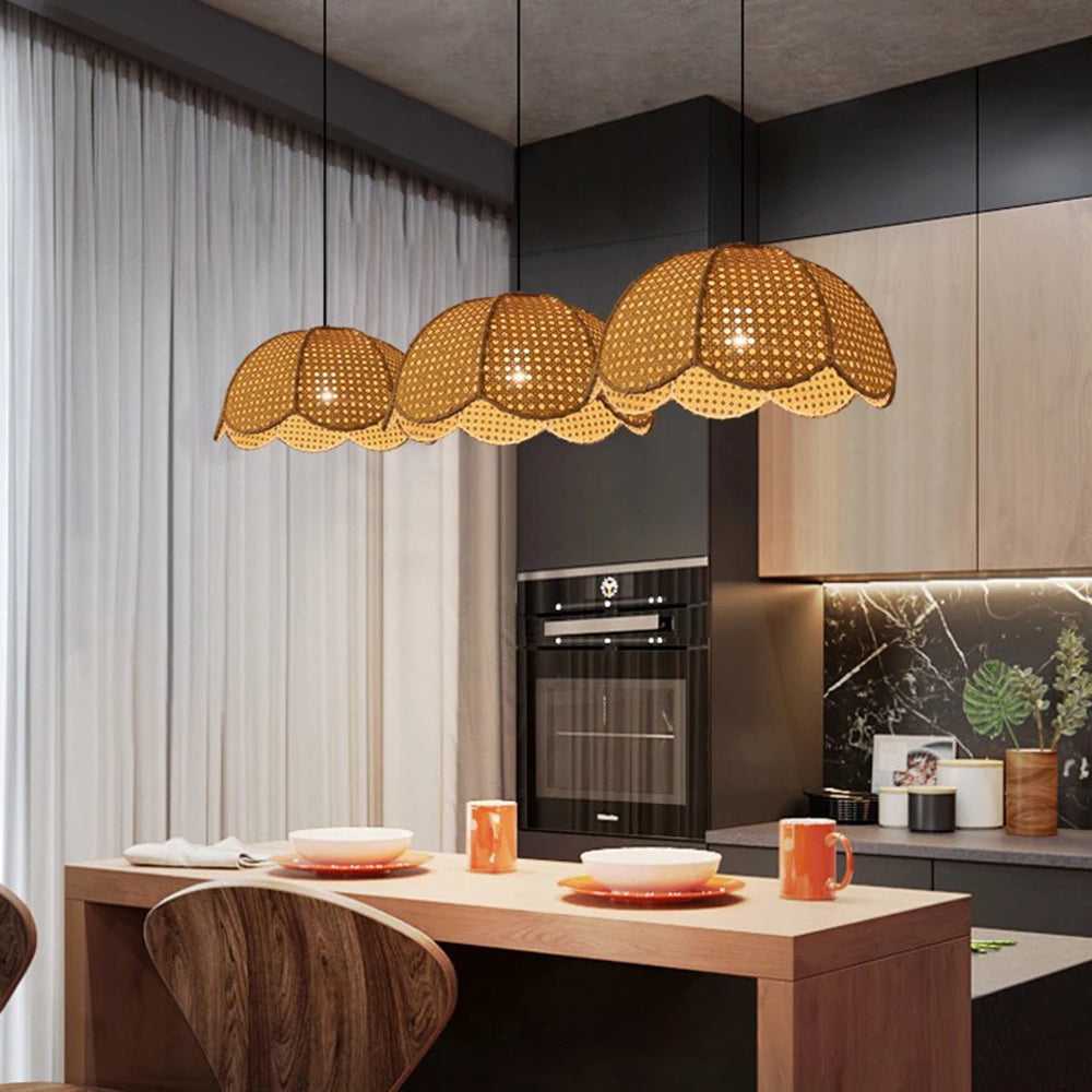 Modern Hand-Woven Rattan Scalloped Pendant Japandi Wavy Dome Light
