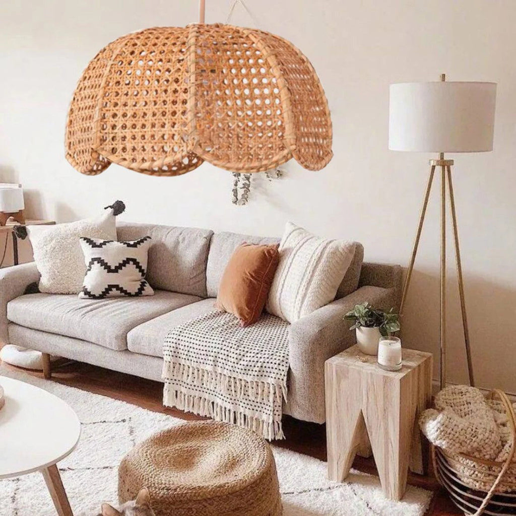 Modern Hand-Woven Rattan Scalloped Pendant Japandi Wavy Dome Light