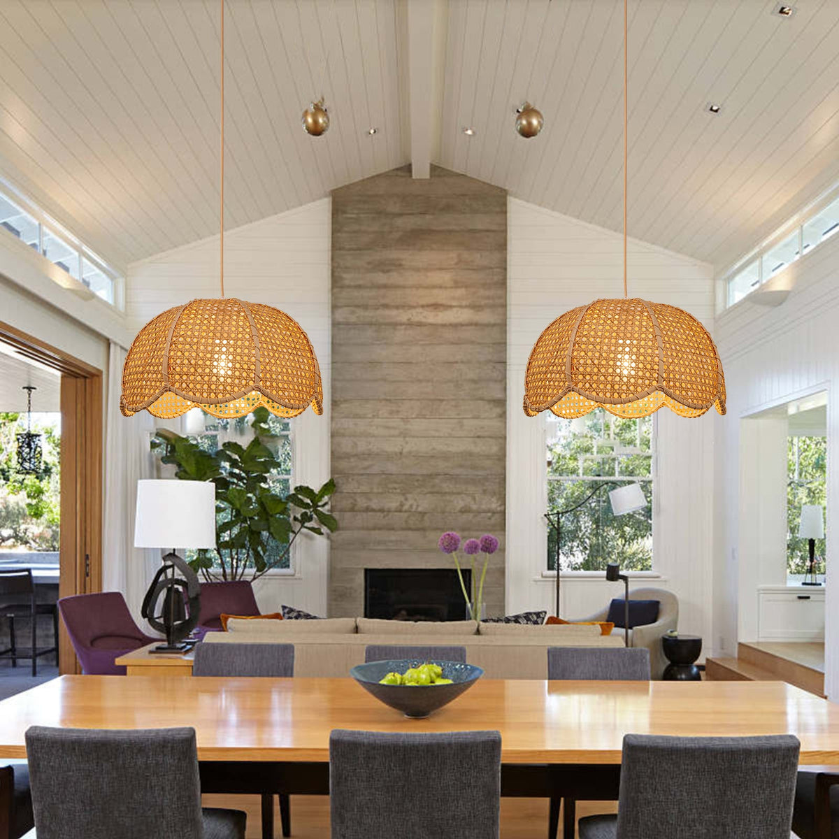 Modern Hand-Woven Rattan Scalloped Pendant Japandi Wavy Dome Light
