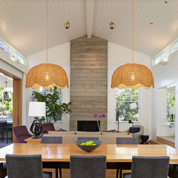 Modern Hand-Woven Rattan Scalloped Pendant Japandi Wavy Dome Light