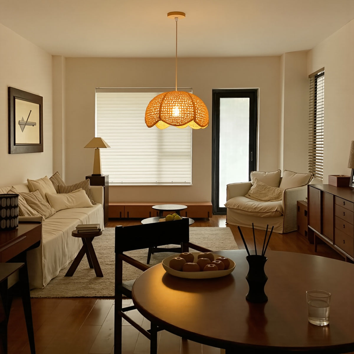 Modern Hand-Woven Rattan Scalloped Pendant Japandi Wavy Dome Light