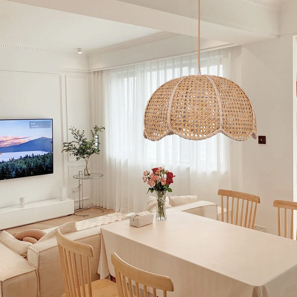 Modern Hand-Woven Rattan Scalloped Pendant Japandi Wavy Dome Light