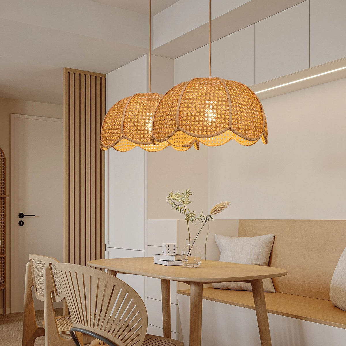 Modern Hand-Woven Rattan Scalloped Pendant Japandi Wavy Dome Light
