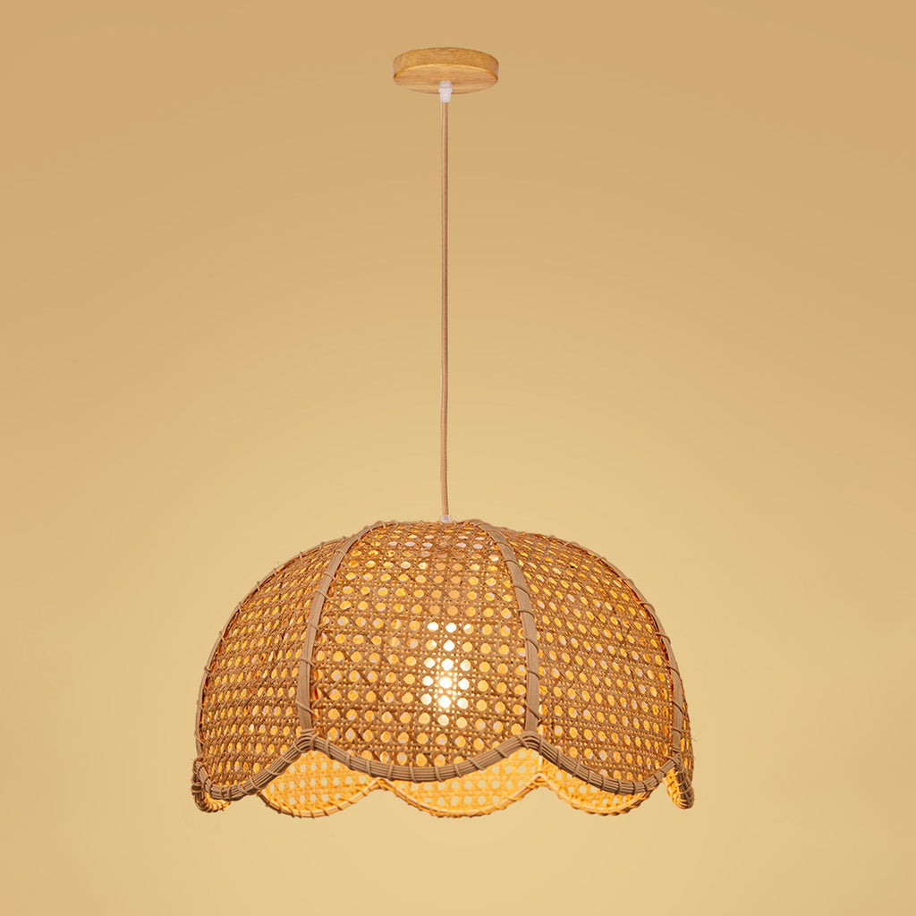 Modern Hand-Woven Rattan Scalloped Pendant Japandi Wavy Dome Light